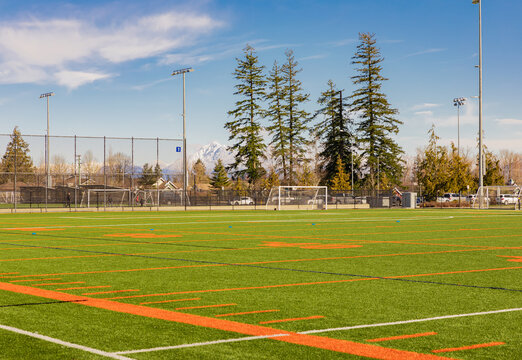 American football and soccer field and grass in sunny spring day