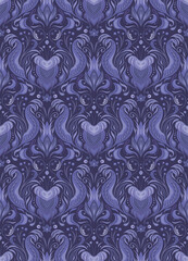 Vector seamless pattern with vintage floral ornament in very peri. Baroque tile texture with flowers and foliage on a dark background in violet colors. luxury purple damask wallpaper