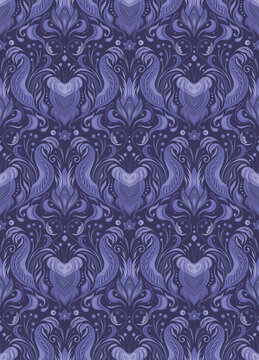 Vector seamless pattern with vintage floral ornament in very peri. Baroque tile texture with flowers and foliage on a dark background in violet colors. luxury purple damask wallpaper
