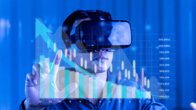 A man Wearing Virtual Reality Headset Sitting in a Chair Using Futuristic business finance technology and investment trading trader investor. Stock Market Investments Funds and Digital Assets.