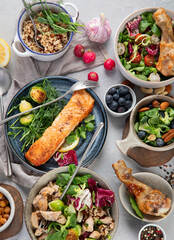 Healthy food assortment on light background.
