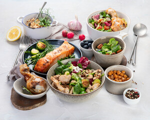 Healthy food assortment on light background.
