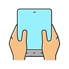 user playing on flexible smartphone screen color icon vector illustration