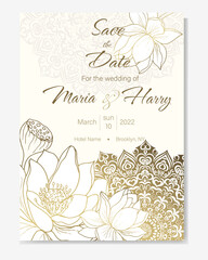 Wedding card Save the Date with gold outline lotus flowers and mandala. Luxury Background for birthday card, wedding invite, anniversary.