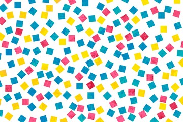 抽象イラスト）白背景にペイントされた黄色と水色とピンクの正方形　カラフル　ポップ　紙吹雪