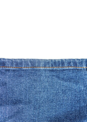 seam on blue denim fabric isolated on white background. Background on the theme of denim clothing. Denim fabric with elements of seams.