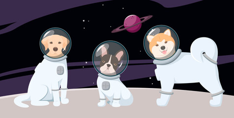 Funny dogs in spacesuits in space. Cartoon design. Vector illustration.  © Юлия Викленко
