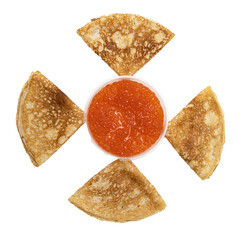 pancakes with red caviar on a white background