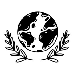 Obraz premium Planet with olive branches vector icon. Hand drawn illustration isolated on white background. Symbol of peace, hope, ecology. Simple monochrome sketch, doodle. Peace Day