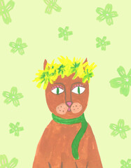 Gouache red funny cartoon cat with flowers on green background