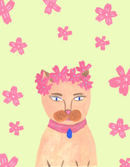 Gouache red funny cartoon cat with flowers on yellow background