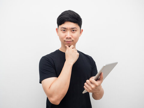 Asian Man Holding Ipad Gesture Confident Looking White Background'