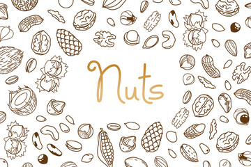 Vector frame, packaging design of nut and seed mix or snack. Walnut, peanut and sunflower seeds. Almond, pistachio, cashew, hazelnut and macadamia. Illustration in line art style - 489144277