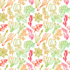 Seamless pattern of herbs, drawn element in doodle style. Silhouettes in rainbow color. Herbs and spices - chili, vanilla, barberry, rosemary, bay leaf, etc. Pattern in a fashionable linear style.