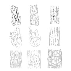 Vector textures of wood, timber, bark of trees and pieces of logs, vector collection. Black and white set of various abstract wooden textures.