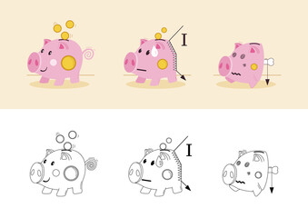Inflation is eating a piggy bank. Inflation with sharp teeth devours frightened piggy bank, bites pieces of it and decreases value of money. Illustration which explains economic inflation.
