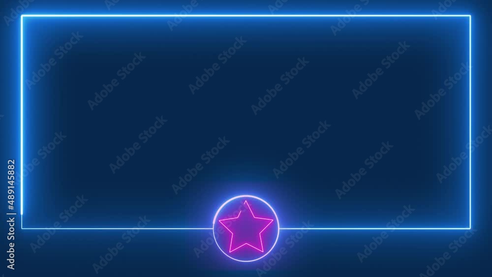Poster abstract neon background, seamless loop of 2d animation of blue box and pink star color glowing anim