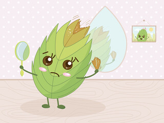 Sad leaf girl holds mirror and piece of her hairstyle. Leaf woman loses her hair. Half of leaf is green and other is brown, dry. Vector illustration about aging or problems with hair.