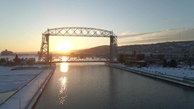 Winter sunset at Duluth, Minnesota Superior Wisconsin. Canal Park bridge