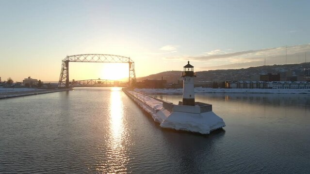 Winter sunset, lighthouse in Duluth Minnesota