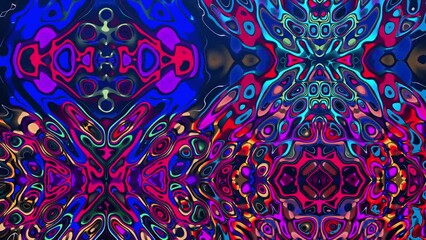 Psychedelic Trippy trance abstract Computerized motion graphics of cyberpunk color shapes and patterns. VJ loops, fractal animation, kaleidoscope. Geometric colorful background and visuals. HD