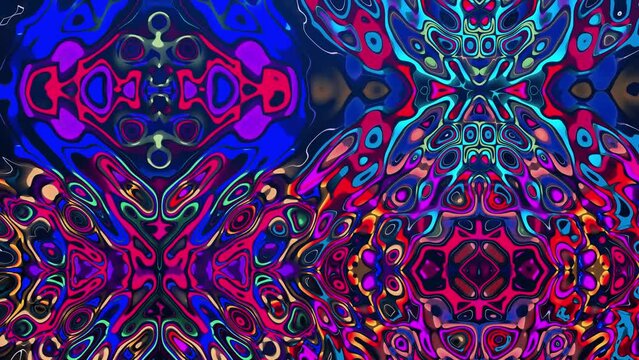 Psychedelic Trippy trance abstract Computerized motion graphics of cyberpunk color shapes and patterns. VJ loops, fractal animation, kaleidoscope. Geometric colorful background and visuals. HD