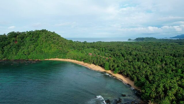 Aerial view of a tropical beach, in middle of dense jungle in Africa - tracking, drone shot