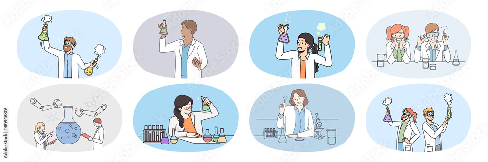 Wall mural set of diverse scientists with test tubes do experiments in laboratory. collection of researchers de