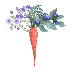 Flourishing carrot and flowers watercolor art