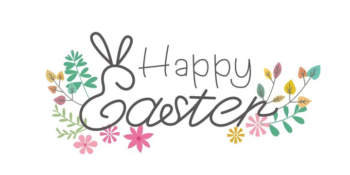 Easter lettering decoration with floral elements. Happy easter Calligraphy for event, banner and graphic design. Vector illustration.