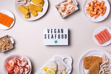 Vegan Plant based fish and seafood, food reducing carbon footprint
