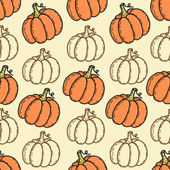 Seamless pattern with hand-drawn cute pumpkin in cartoon style. Flat pastel background of pumpkins and squash.