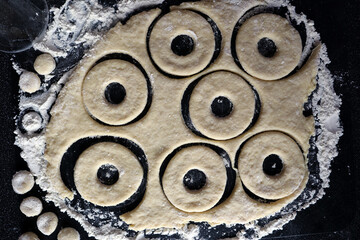 Rolled out dough. Cut out circles for making cottage cheese donuts, pies.