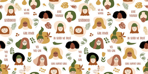 International womens day pattern. Female diverse faces of different ethnicity seamless background. Sisterhood print. Graphic women empowerment movement print. Vector illustration.