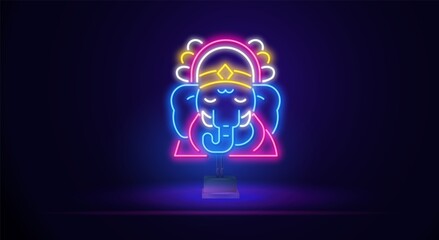 Neon Vector linear illustration of the symbol of the religion of the Indian god of elephant games. Neon ganesha on a stand and dark background