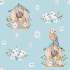 watercolor pattern with birds, birdhouse, flowers, branch, flourish. Easter and spring seamless pattern. Ideal for paper and textile designs.