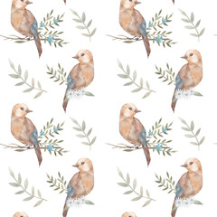 Wildlife abstract pattern, colorful seamless print with birds and leaves on tree branches. Watercolor pattern on a white background.