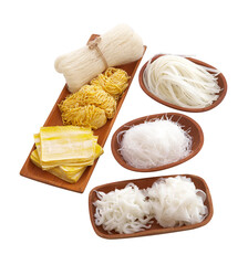 chinese dry noodle in wooden tray on white background