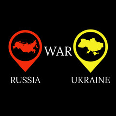 Illustartion of simple map icon from Russia and Ukraine with text WAR.