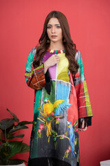 Obraz na płótnie Canvas A Pakistani shalwar kameez suit with dupatta. Pakistani model is shown her dress with style. 