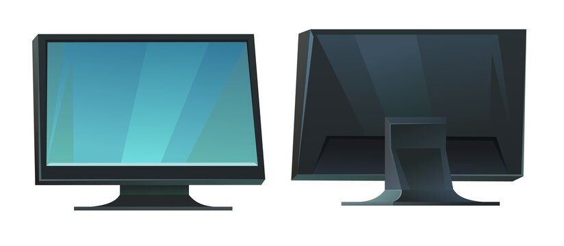 Computer monitor power. Front and back views. Cartoon style. Object isolated on white background. Vector