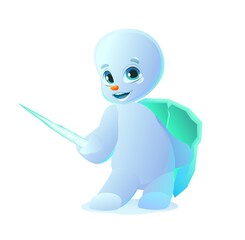 Little snowman ready to be an icicle. Cartoon person stands and smiles. Fun style. Child kid. Isolated on white background. Vector