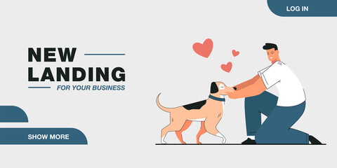 Happy dog owner cartoon character petting puppy. Man and cute doggy flat vector illustration. Pets, domestic animals, love, care, friendship concept for banner, website design or landing web page