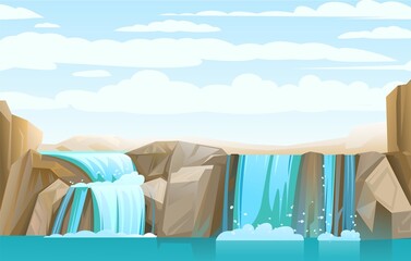 Waterfall among rocks. Cascade shimmers downward. Water flowing. Several streams in stones against sky. Vector