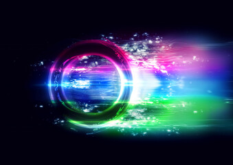 宇宙空間に輝くカラフルな光の輪のイラスト