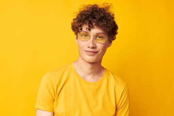 guy with red curly hair Youth style glasses studio casual wear Lifestyle unaltered