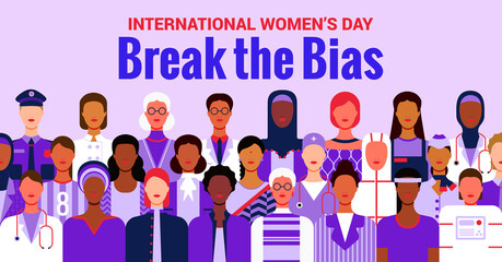 International Women’s Day. Break the bias concept. Women’s equality day. Illustration of women of diverse age, races and occupation. Vector horizontal banner. - obrazy, fototapety, plakaty