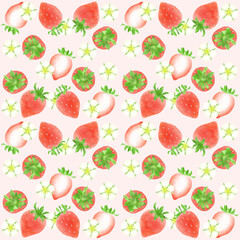 イチゴ水彩画のパターン、壁紙、背景素材／Strawberry watercolor pattern, wallpaper, background material