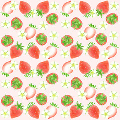 イチゴ水彩画のパターン、壁紙、背景素材／Strawberry watercolor pattern, wallpaper, background material