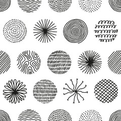 Hand drawn circles with doodle texture. Modern abstract seamless pattern with black organic round shapes with lines, circles, drops. Vector illustration on white background.